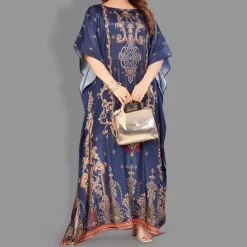 Woven Long Kaftan Boat Neck with Belt of Polyester Crape with crystals MIF0017