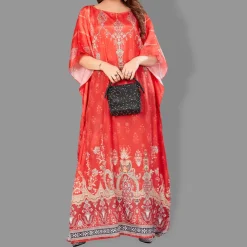 Woven Long Kaftan Boat Neck with Belt of Polyester Crape with crystals MIF0018