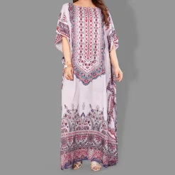 Woven Long Kaftan Boat Neck with Belt of Polyester Crape with crystals MIF0016