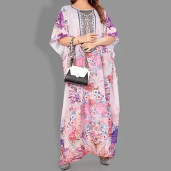 Woven Long Kaftan Boat Neck with Belt of Polyester Crape with Crystals MIF007