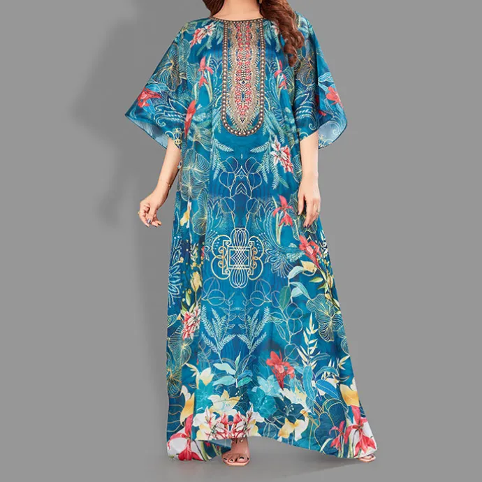 Woven Long Kaftan Boat Neck with Belt of Polyester Crape with Crystals MIF009