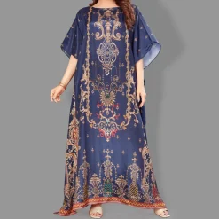 Woven Long Kaftan Boat Neck with Belt of Polyester Crape with crystals MIF0017