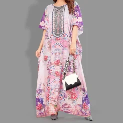 Woven Long Kaftan Boat Neck with Belt of Polyester Crape with Crystals MIF007