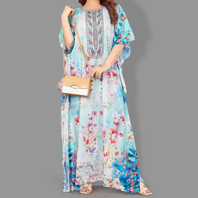 Woven Long Kaftan Boat Neck with Belt of Polyester Crape with Crystals MIF008