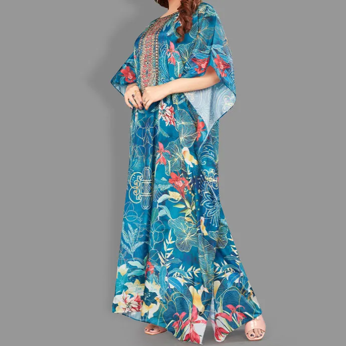 Woven Long Kaftan Boat Neck with Belt of Polyester Crape with Crystals MIF009