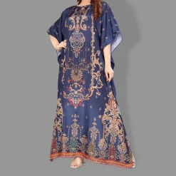 Woven Long Kaftan Boat Neck with Belt of Polyester Crape with crystals MIF0017