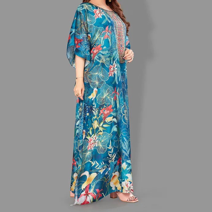 Woven Long Kaftan Boat Neck with Belt of Polyester Crape with Crystals MIF009