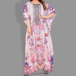 Woven Long Kaftan Boat Neck with Belt of Polyester Crape with Crystals MIF007