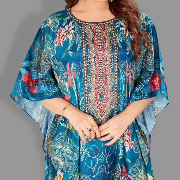 Woven Long Kaftan Boat Neck with Belt of Polyester Crape with Crystals MIF009