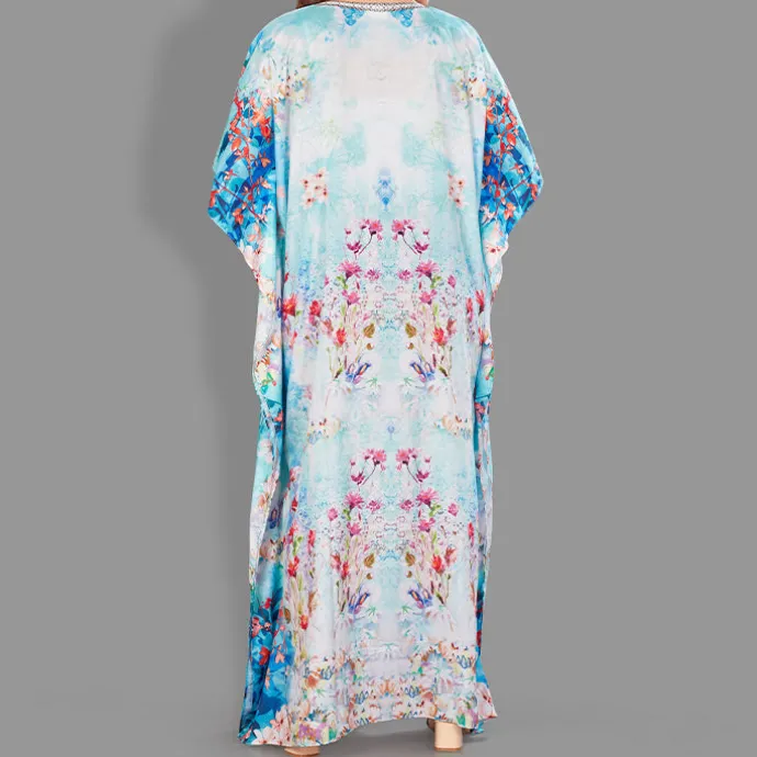 Woven Long Kaftan Boat Neck with Belt of Polyester Crape with Crystals MIF008