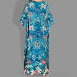 Woven Long Kaftan Boat Neck with Belt of Polyester Crape with Crystals MIF009