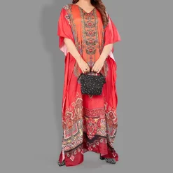 Woven Long Kaftan V-Neck with belt of polyester crape with crystals MIF0020