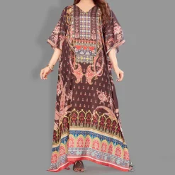 Woven Long Kaftan V-Neck with belt of polyester crape with crystals MIF0021