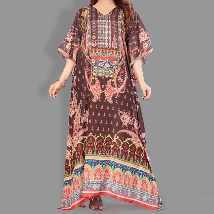 Woven Long Kaftan V-Neck with belt of polyester crape with crystals MIF0021