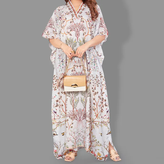 Woven Long Kaftan V-Neck with belt of polyester crape with crystals MIF0012