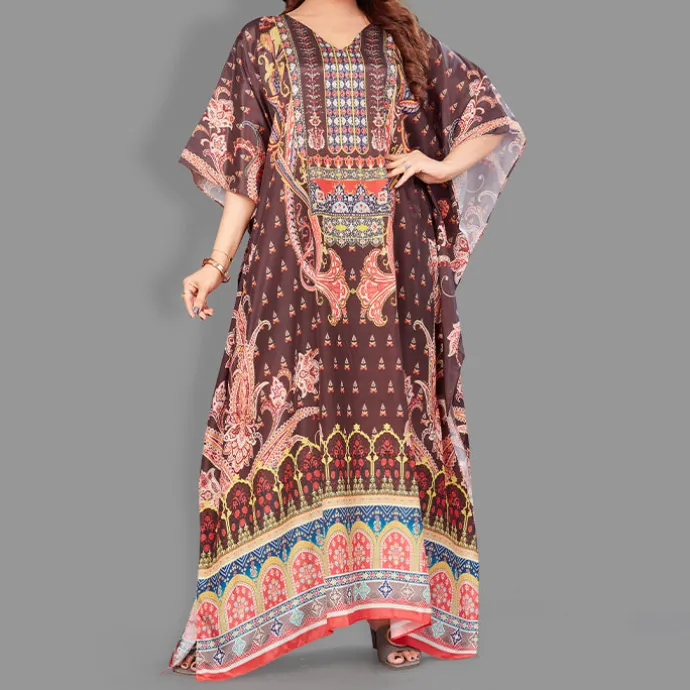 Woven Long Kaftan V-Neck with belt of polyester crape with crystals MIF0021