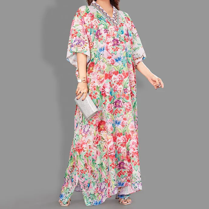 Woven Long Kaftan V-Neck with belt of polyester crape with crystals MIF0010
