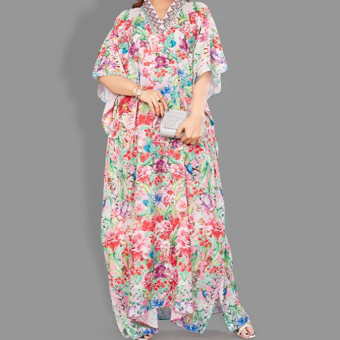 Woven Long Kaftan V-Neck with belt of polyester crape with crystals MIF0010