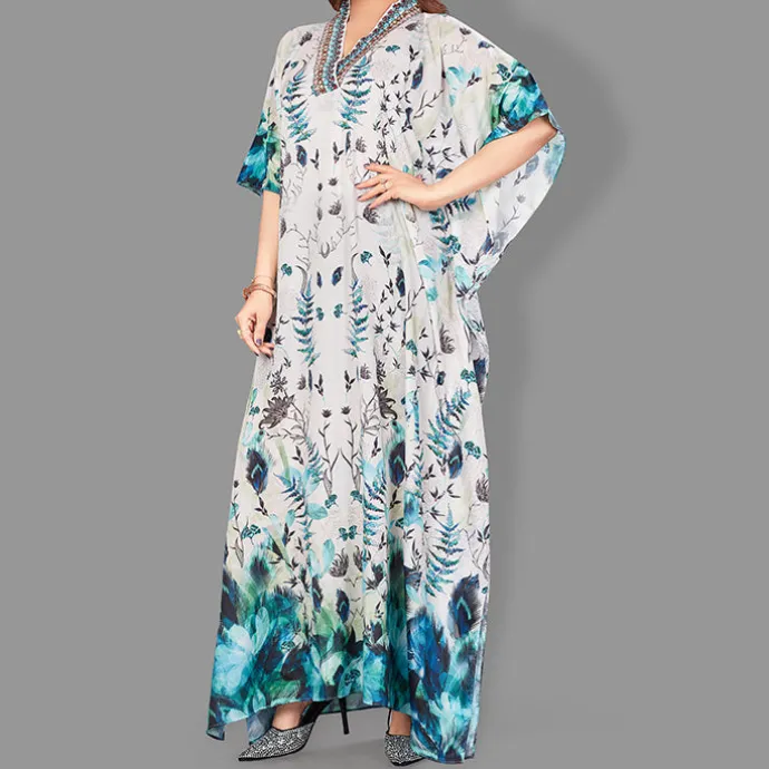 Woven Long Kaftan V-Neck with belt of polyester crape with crystals MIF0011