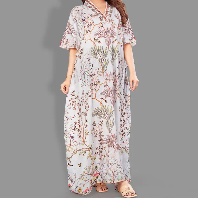 Woven Long Kaftan V-Neck with belt of polyester crape with crystals MIF0012