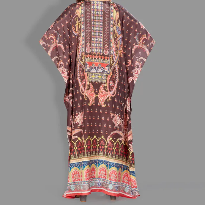 Woven Long Kaftan V-Neck with belt of polyester crape with crystals MIF0021