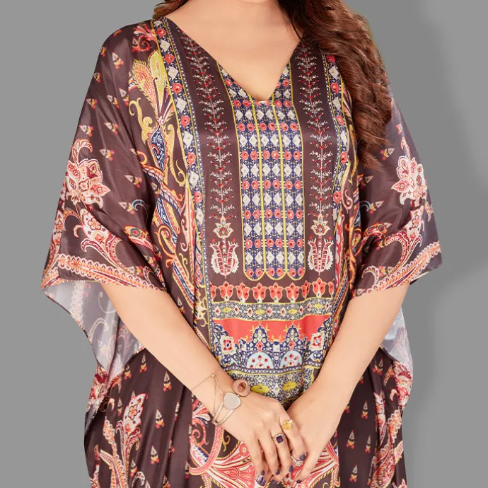 Woven Long Kaftan V-Neck with belt of polyester crape with crystals MIF0021