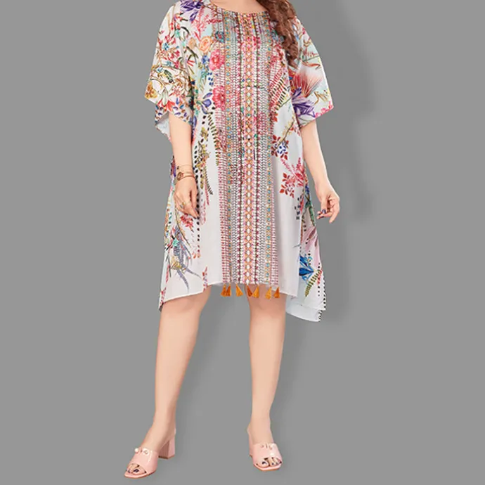 Woven Short Kaftan with Belt of Polyester Crape with Crystals MIF001
