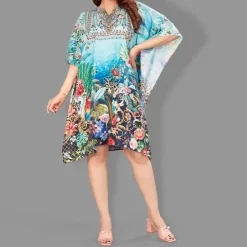 Woven Short Kaftan with Belt of Polyester Crape with Crystals MIF004