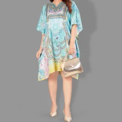 Woven Short Kaftan with Belt of Polyester Crape with Crystals MIF005