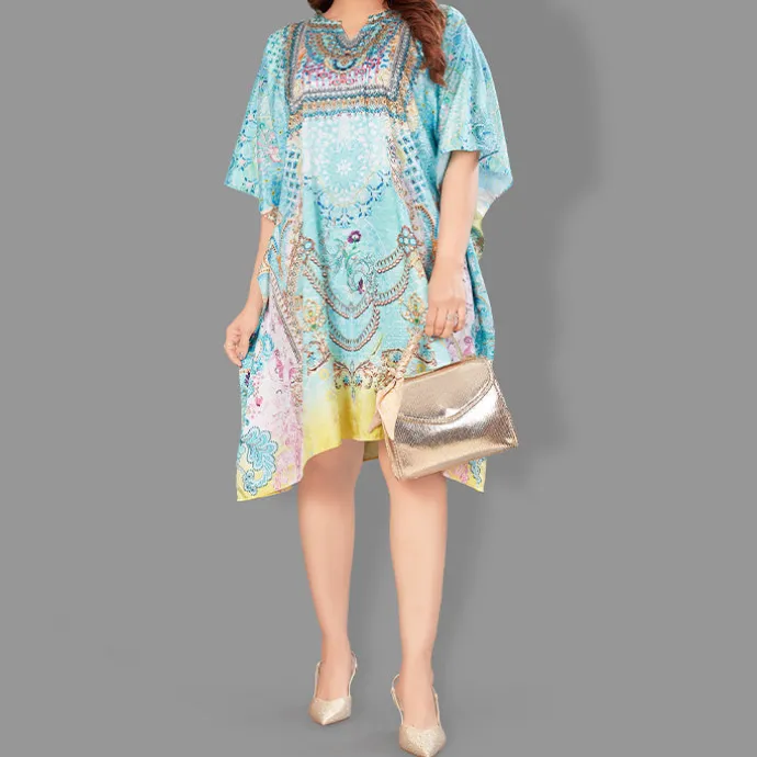 Woven Short Kaftan with Belt of Polyester Crape with Crystals MIF005