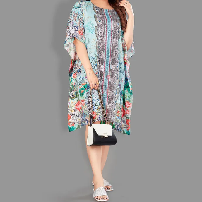 Woven Short Kaftan with Belt of Polyester Crape with Crystals MIF003