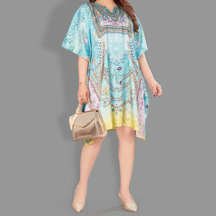 Woven Short Kaftan with Belt of Polyester Crape with Crystals MIF005