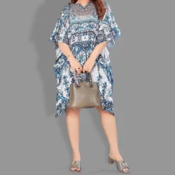 Woven Short Kaftan with Belt of Polyester Crape with Crystals MIF006