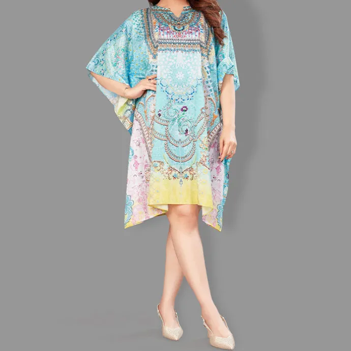 Woven Short Kaftan with Belt of Polyester Crape with Crystals MIF005