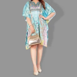 Woven Short Kaftan with Belt of Polyester Crape with Crystals MIF005