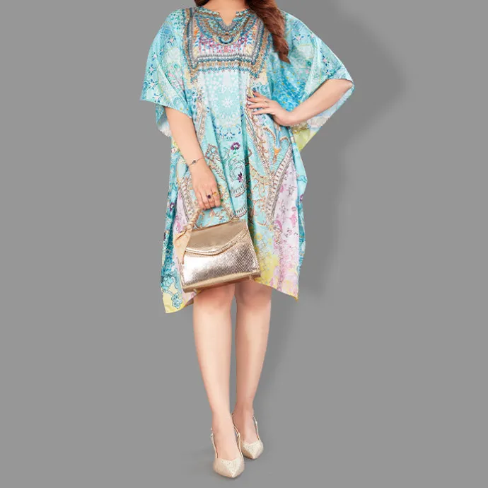 Woven Short Kaftan with Belt of Polyester Crape with Crystals MIF005