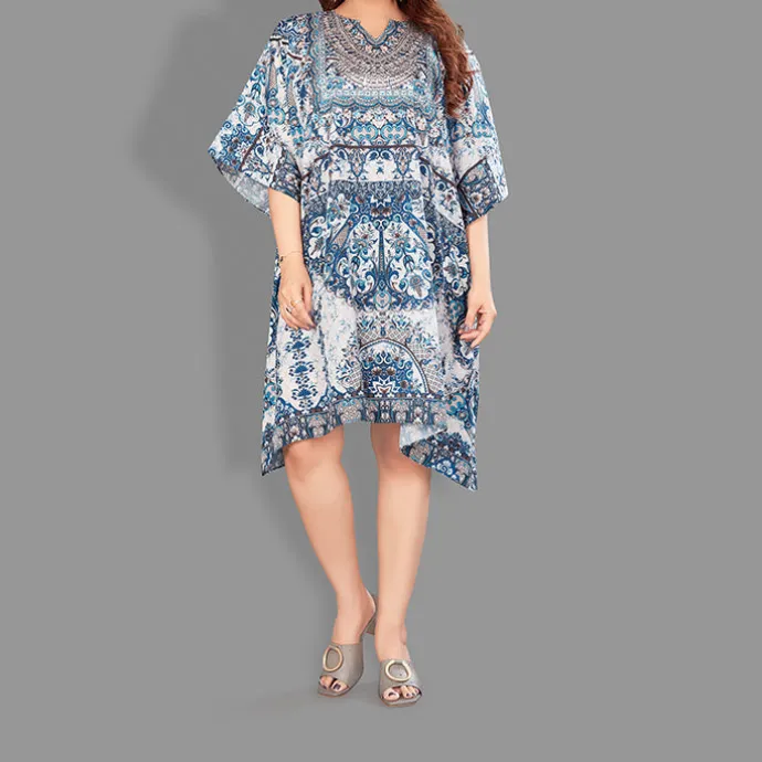 Woven Short Kaftan with Belt of Polyester Crape with Crystals MIF006