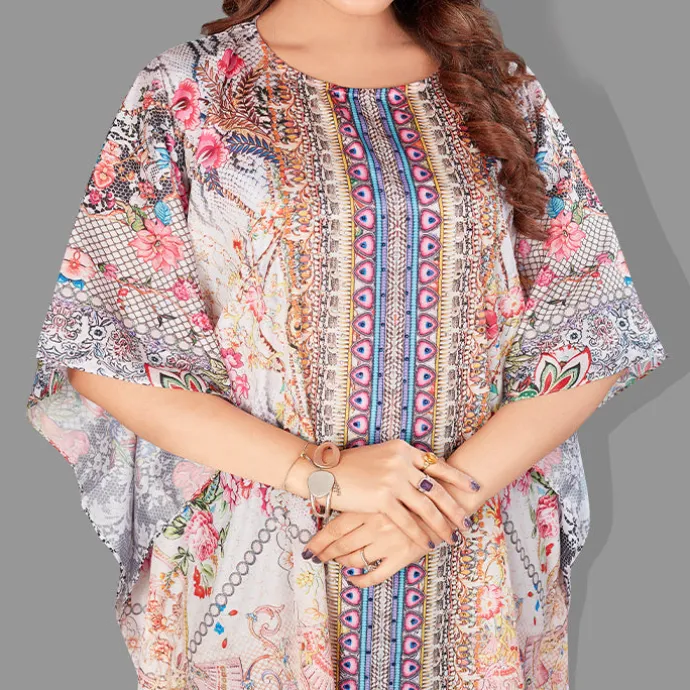 Woven Short Kaftan with Belt of Polyester Crape with Crystals MIF002