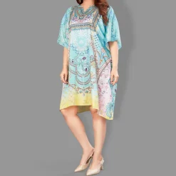 Woven Short Kaftan with Belt of Polyester Crape with Crystals MIF005