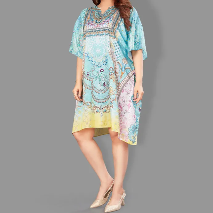 Woven Short Kaftan with Belt of Polyester Crape with Crystals MIF005