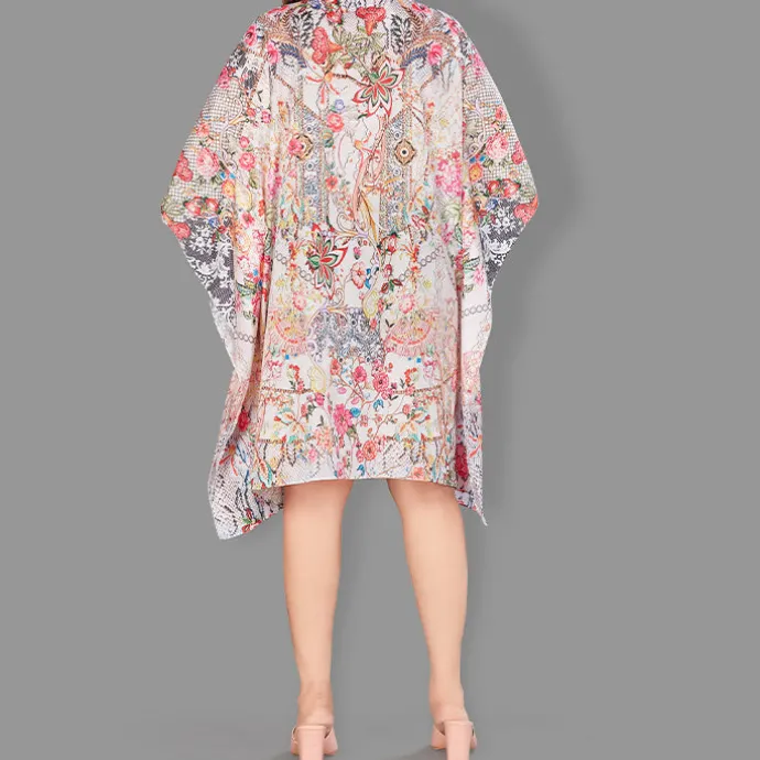 Woven Short Kaftan with Belt of Polyester Crape with Crystals MIF002